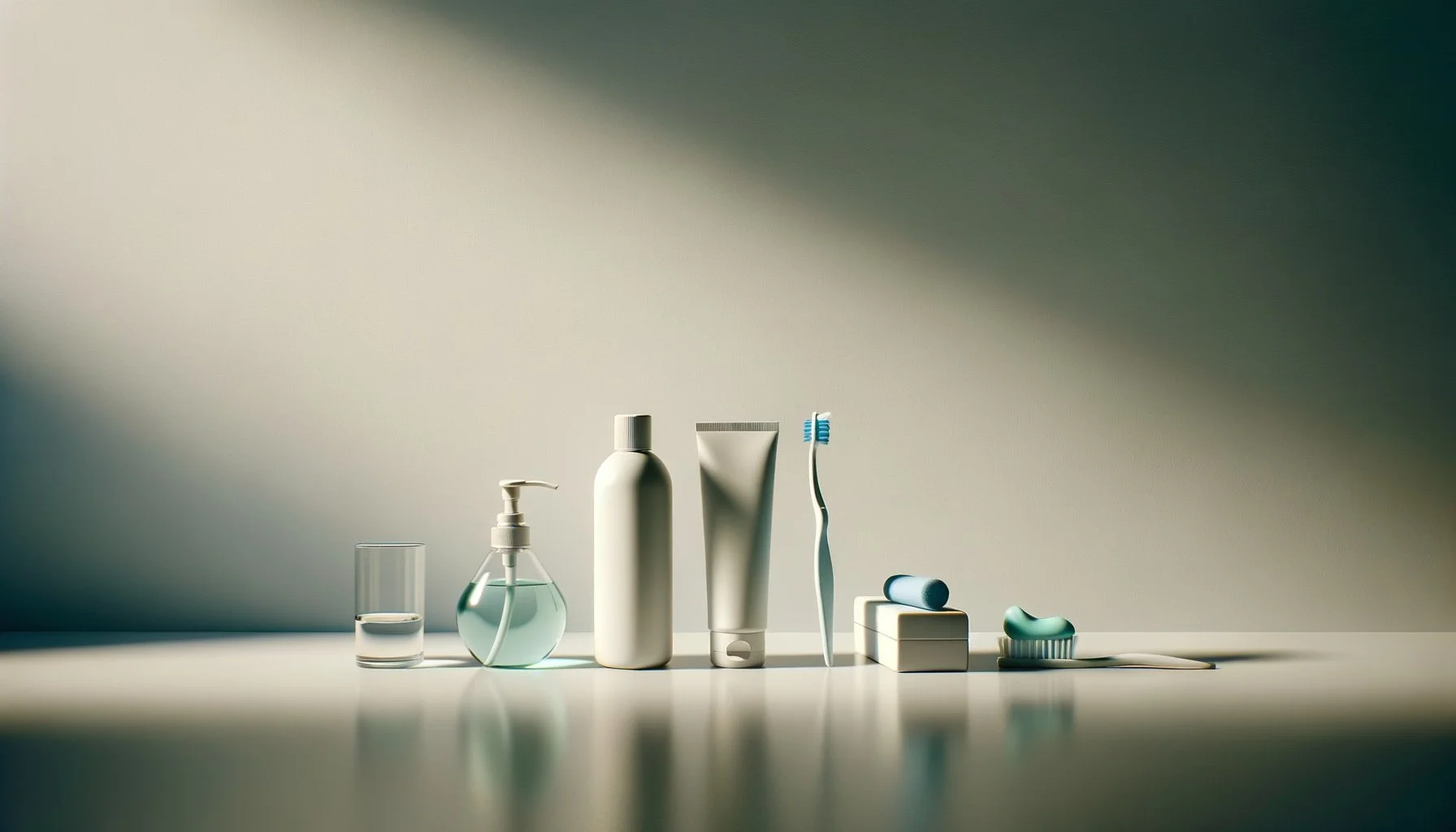 Divers produits de soins dentaires et une brosse à dents sur une surface blanche avec un arrière-plan simple et neutre.