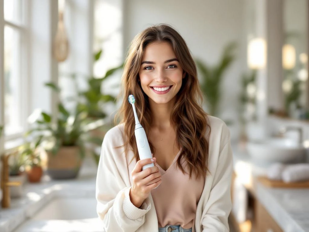 Jonge persoon met elektrische tandenborstel in moderne badkamer met natuurlijk licht en groene planten