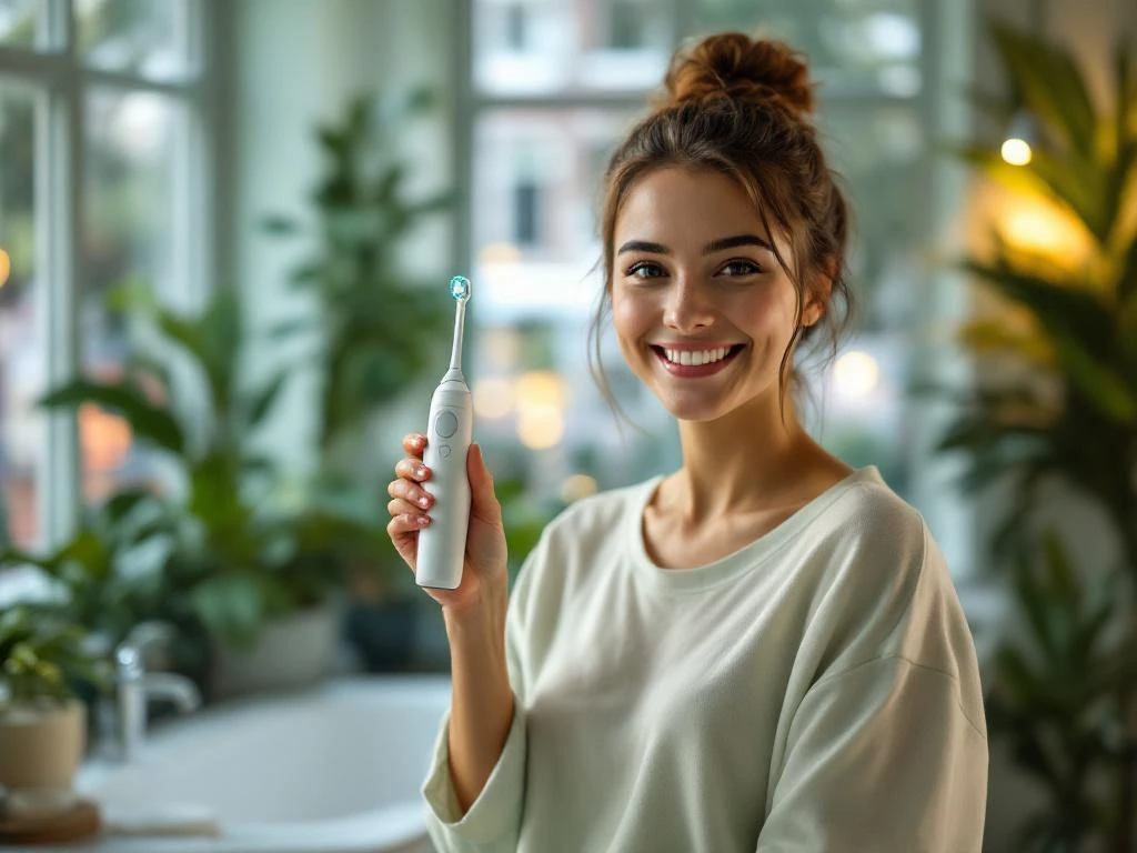 Jonge persoon met elektrische tandenborstel in moderne badkamer met natuurlijk licht en groene planten