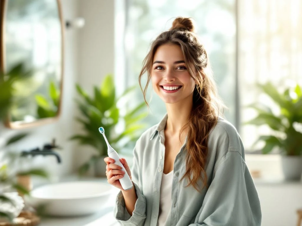 Jonge persoon met elektrische tandenborstel in moderne badkamer met natuurlijk licht en groene planten