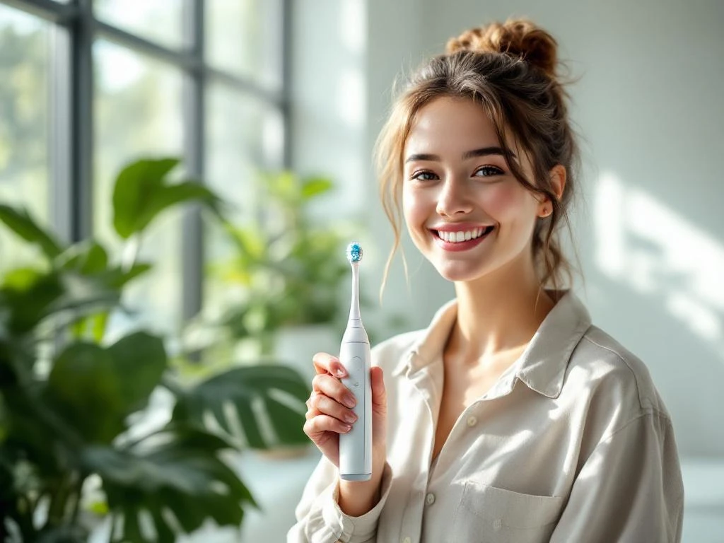 Jonge persoon met elektrische tandenborstel in moderne badkamer met natuurlijk licht en groene planten
