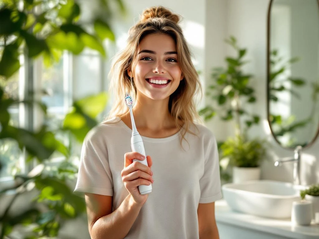 Jonge persoon met elektrische tandenborstel in moderne badkamer met natuurlijk licht en groene planten