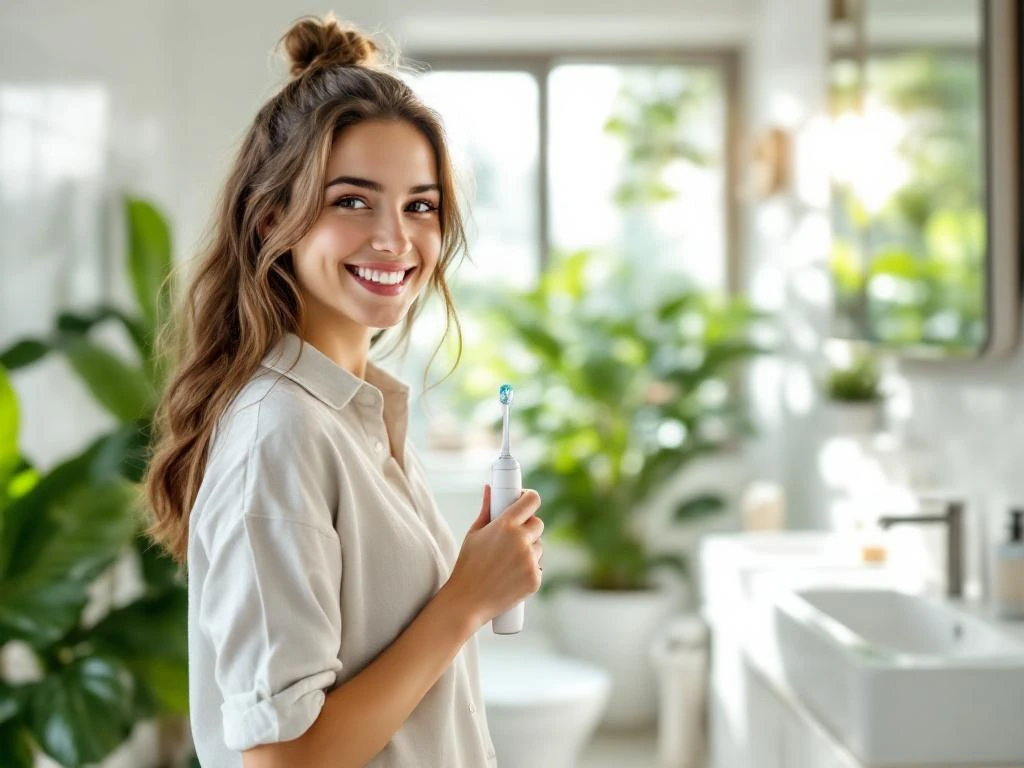 Jonge persoon met elektrische tandenborstel in moderne badkamer met natuurlijk licht en groene planten