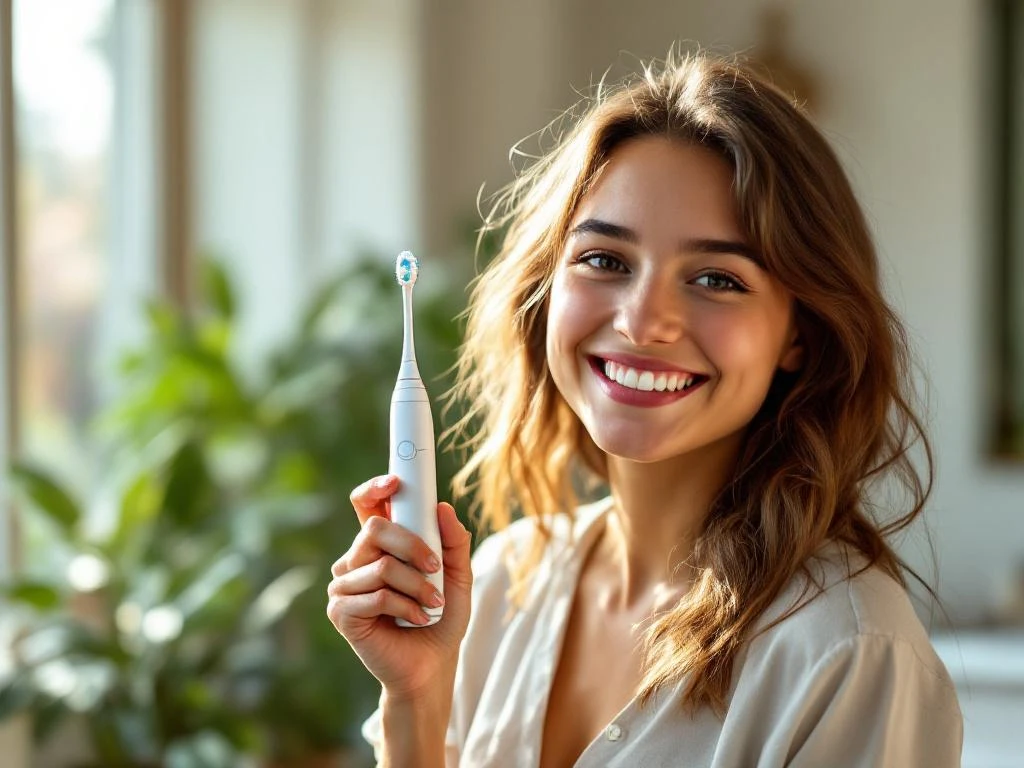 Jonge persoon met zelfverzekerde glimlach houdt elektrische tandenborstel vast in moderne badkamer met natuurlijk licht