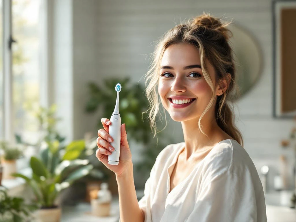 Jonge persoon met elektrische tandenborstel in moderne badkamer met natuurlijk licht en groene planten