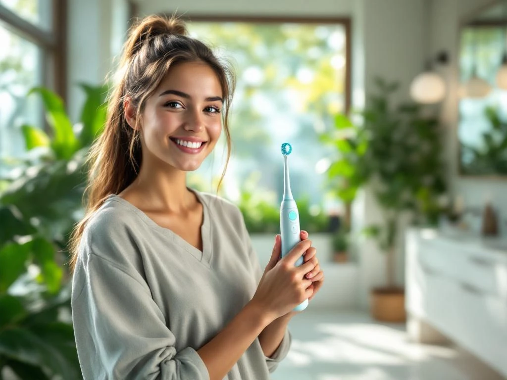 Jonge persoon met elektrische tandenborstel in moderne badkamer met natuurlijk licht en groene planten