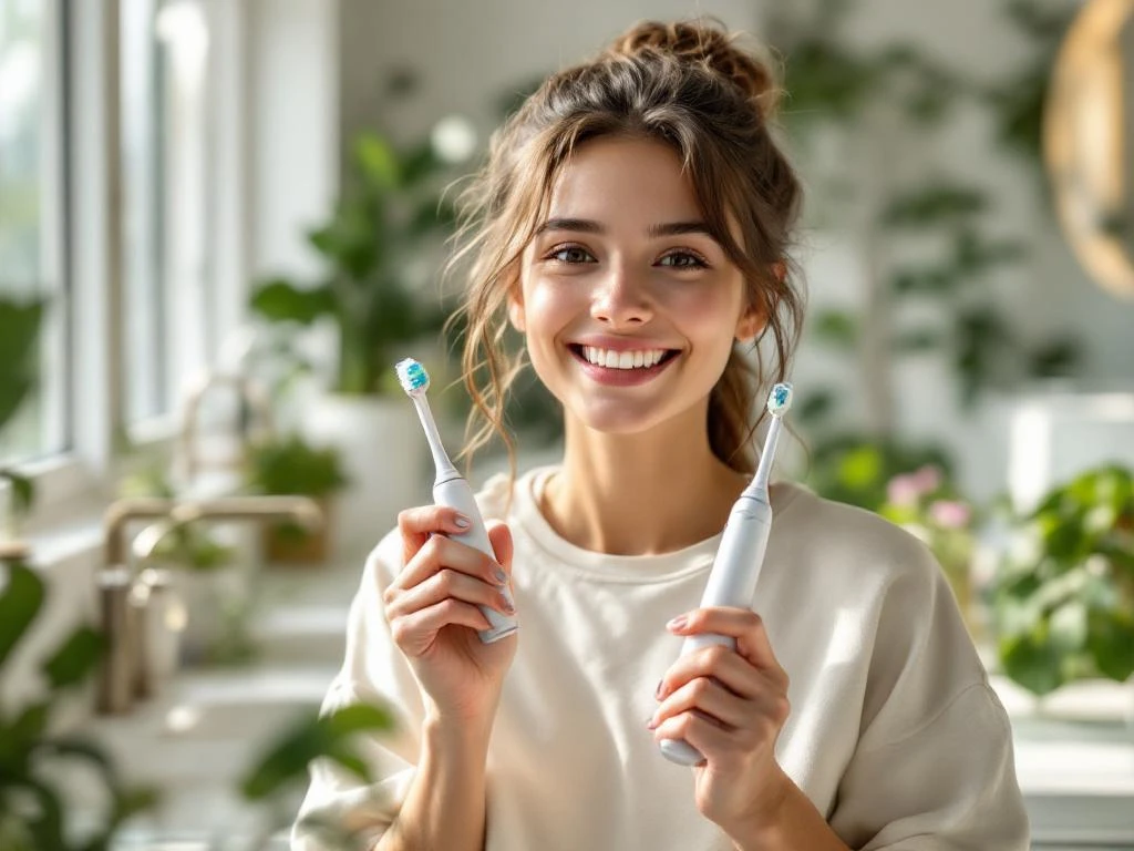 Jonge persoon met zelfverzekerde glimlach houdt elektrische tandenborstel vast in moderne badkamer met natuurlijk licht