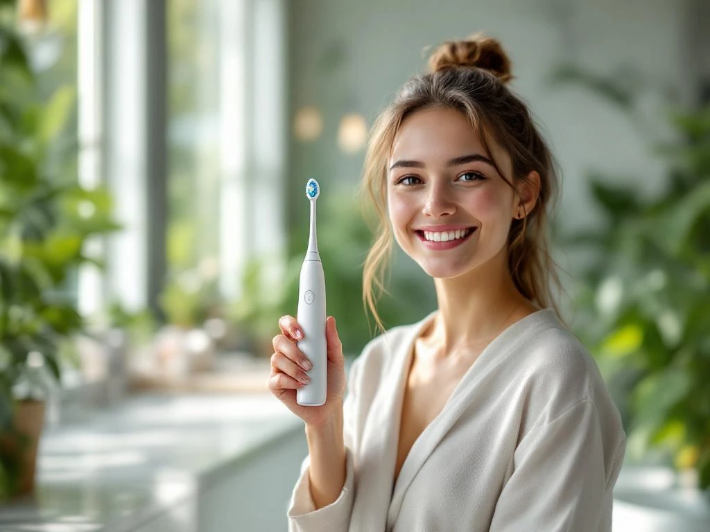 Jonge persoon met elektrische tandenborstel in moderne badkamer met natuurlijk licht en groene planten