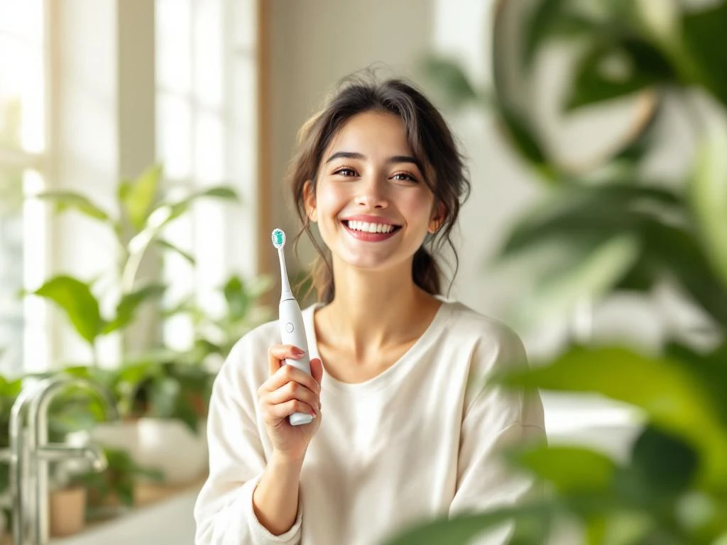 Jonge persoon met elektrische tandenborstel in moderne badkamer met natuurlijk licht en groene planten