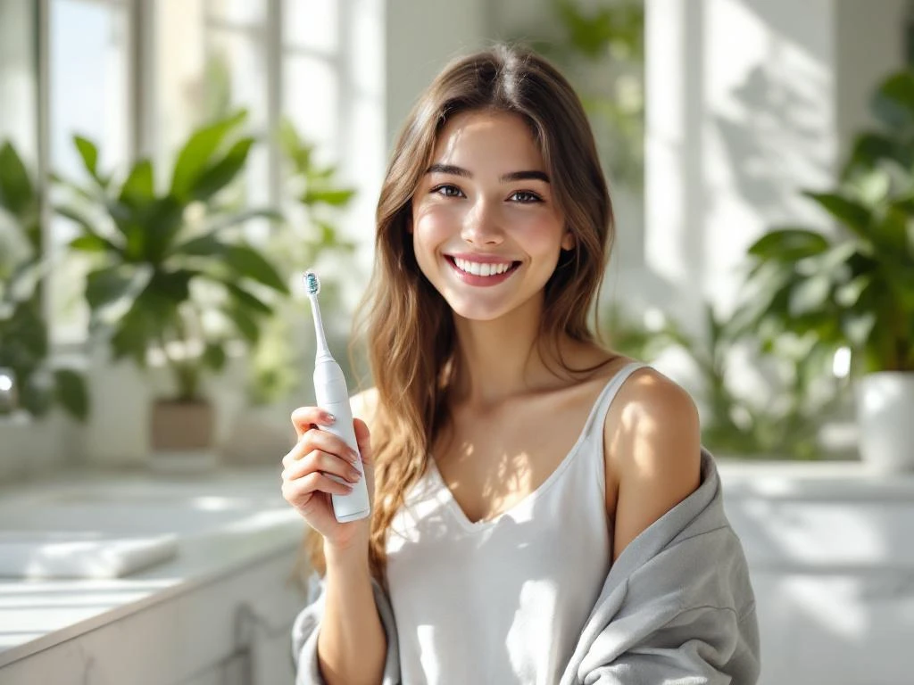 Jonge persoon met elektrische tandenborstel in moderne badkamer met natuurlijk licht en groene planten
