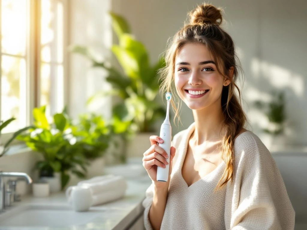 Jonge persoon met elektrische tandenborstel in lichte badkamer met planten en natuurlijk zonlicht