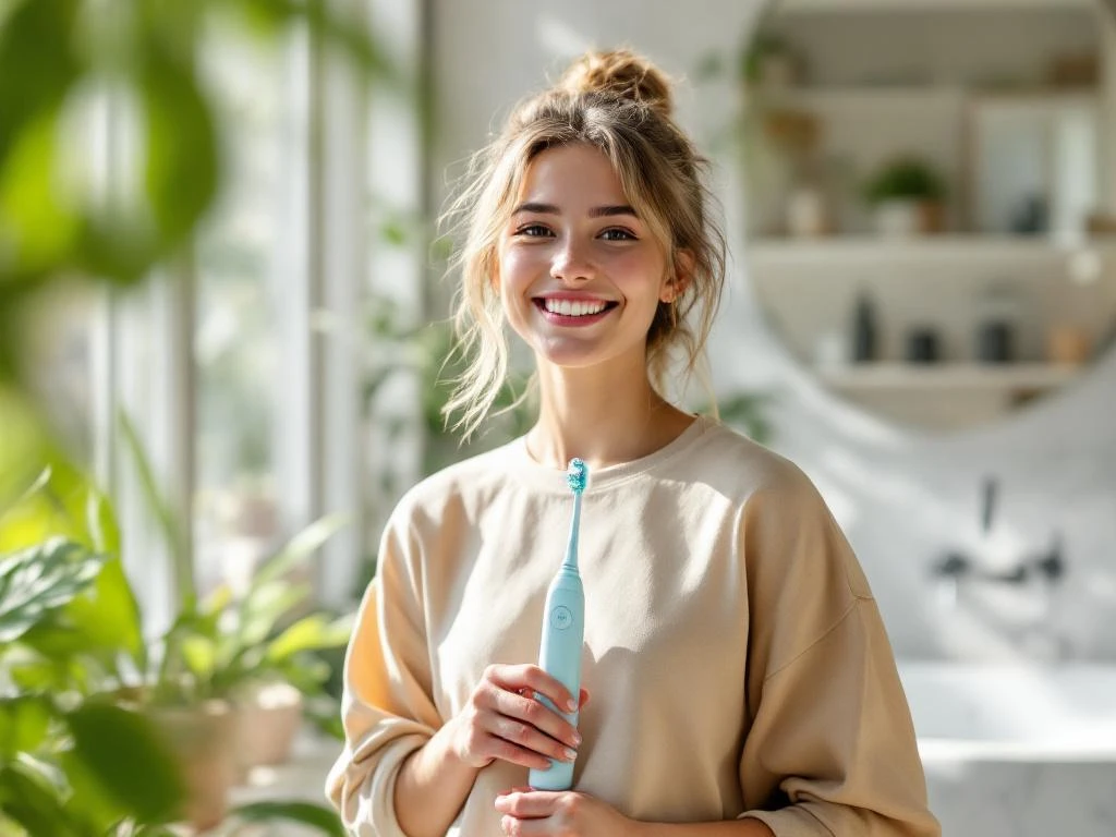 Jonge persoon met elektrische tandenborstel in moderne badkamer met natuurlijk licht en groene planten
