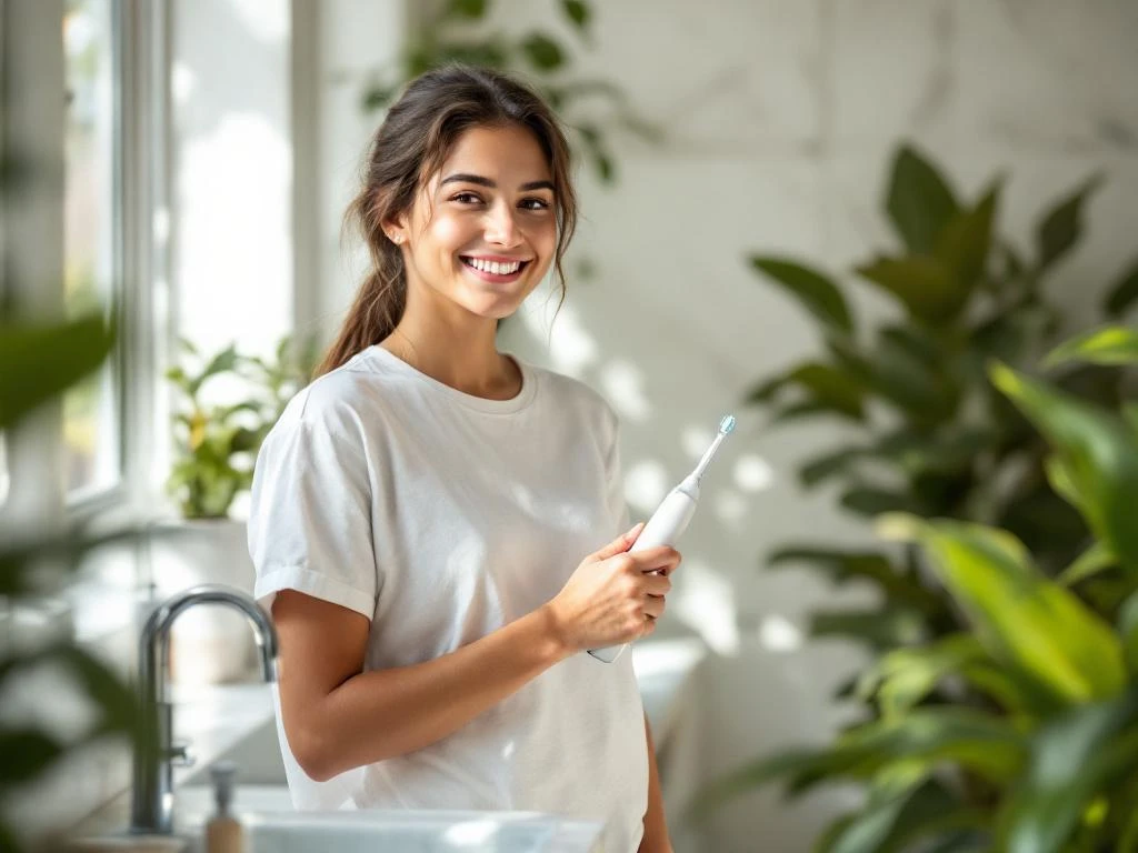 Jonge persoon met elektrische tandenborstel in moderne badkamer met natuurlijk licht en groene planten