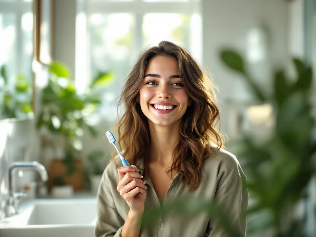 Jonge persoon met tandenborstel lacht in moderne badkamer met natuurlijk licht en groene planten
