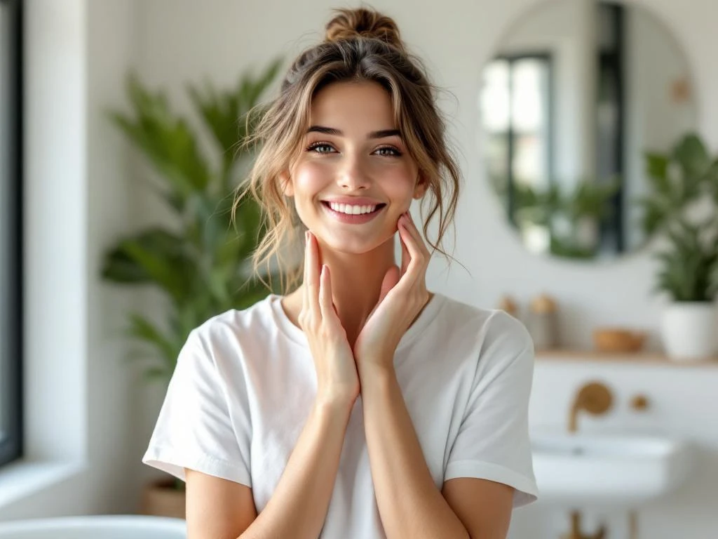 Jonge vrouw met tandenborstel in moderne badkamer met witte tegels en groene planten, natuurlijk licht door raam