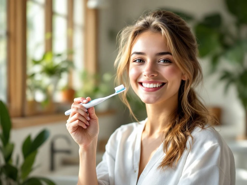 Jongere met zelfverzekerde glimlach houdt tandenborstel vast in moderne badkamer met natuurlijk licht en planten
