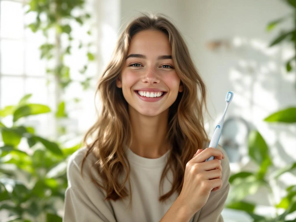 Glimlachende persoon met tandenborstel in moderne badkamer met planten en natuurlijk licht voor mondgezondheid