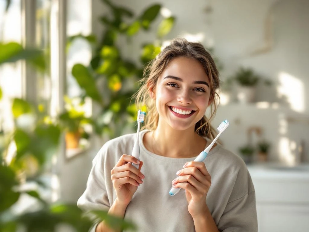 Jonge persoon met tandenborstel lacht zelfverzekerd in moderne badkamer met natuurlijk licht en groene planten