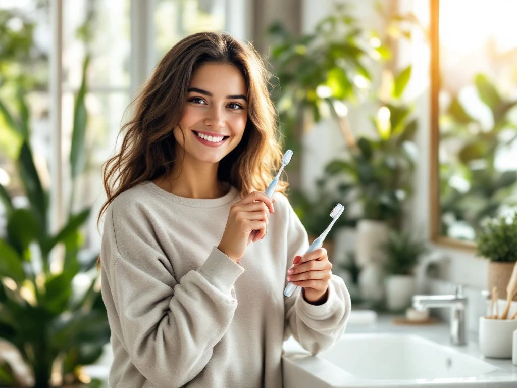 Jonge persoon met tandenborstel lacht in moderne badkamer met natuurlijk licht en groene planten