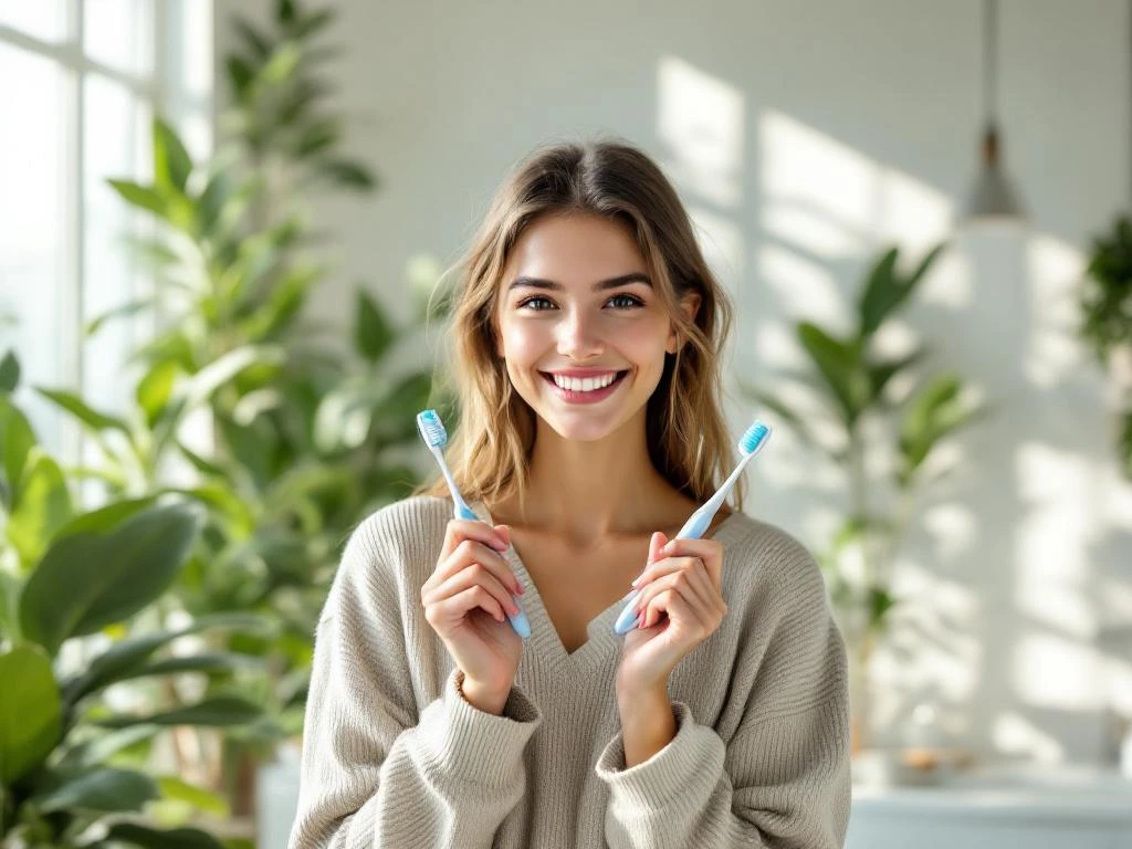 Glimlachende vrouw houdt tandenborstel vast in moderne badkamer met natuurlijk licht en groene planten