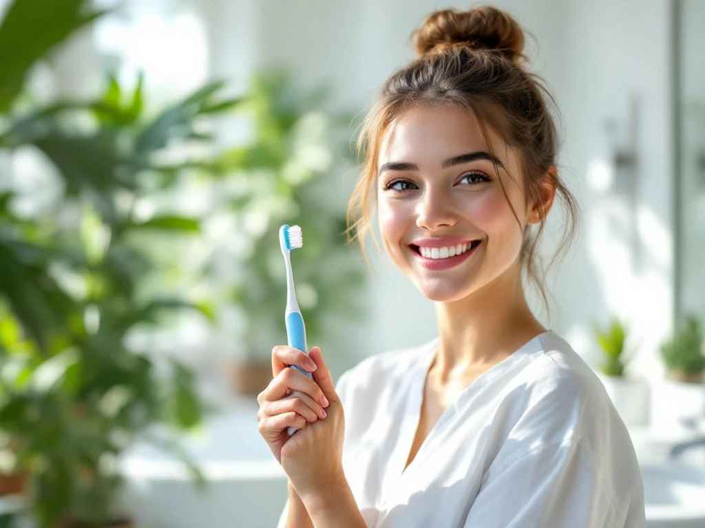 Jonge persoon met tandenborstel lacht in moderne badkamer met natuurlijk licht en groene planten