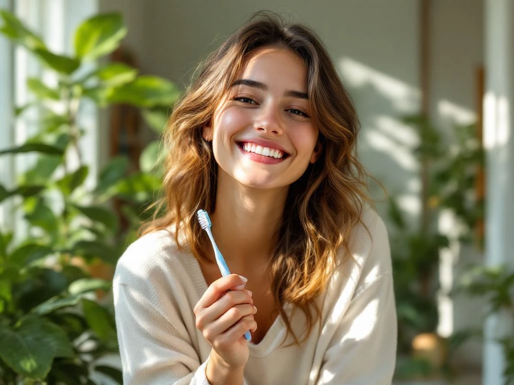 Jonge persoon met tandenborstel lacht in moderne badkamer met natuurlijk licht en groene planten