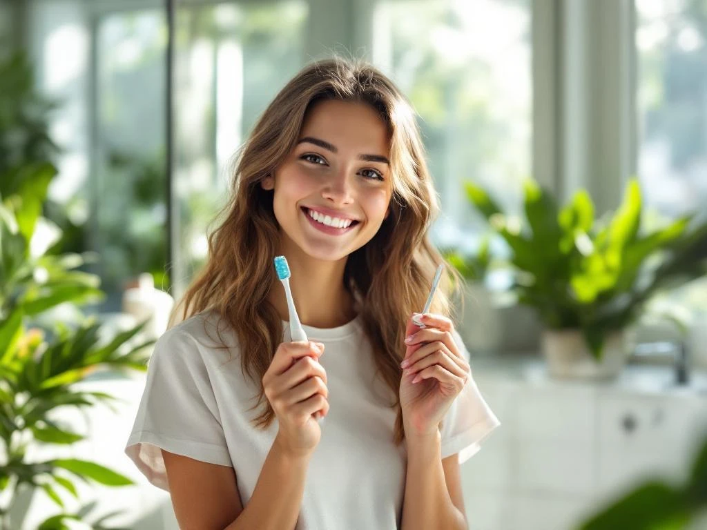 Jonge persoon met tandenborstel lacht zelfverzekerd in moderne badkamer met natuurlijk licht en groene planten