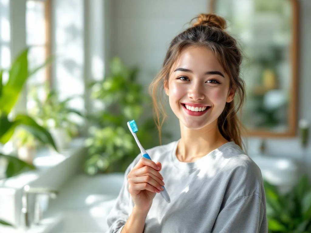 Jonge persoon met tandenborstel glimlacht in moderne badkamer met natuurlijk licht en groene planten