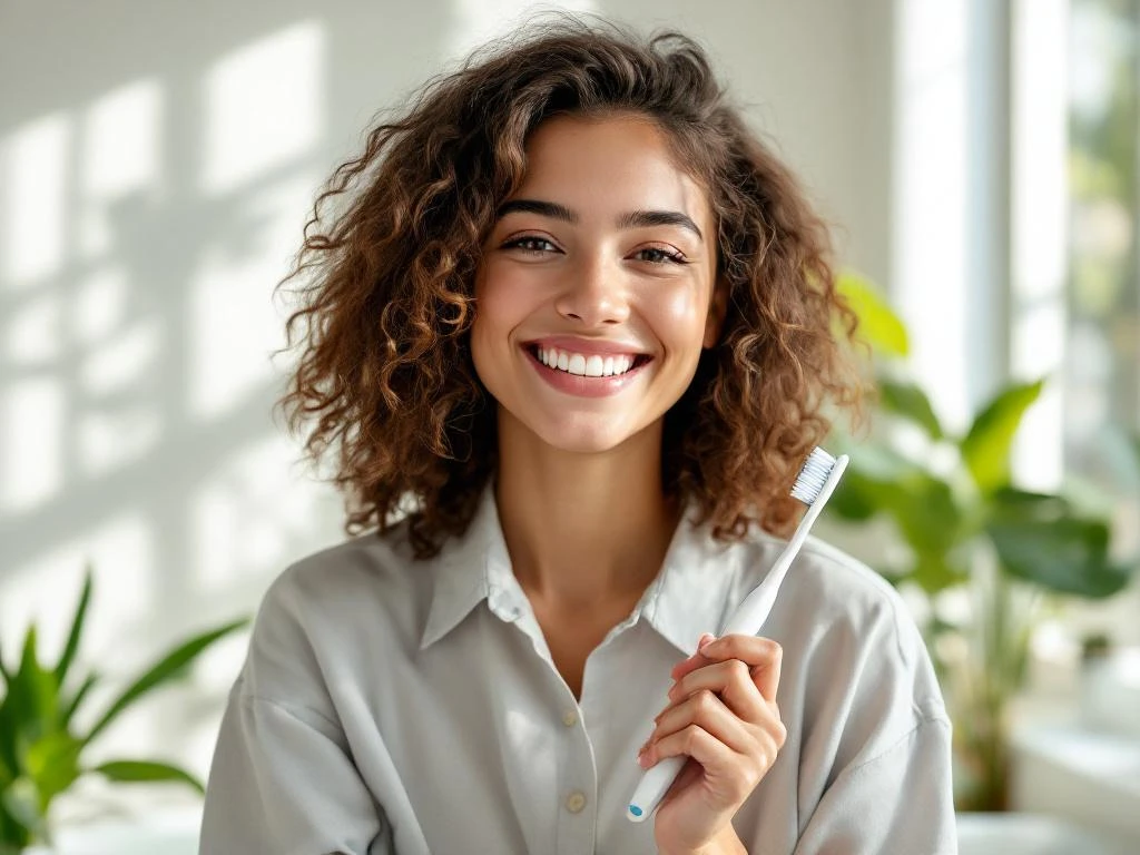 Jonge persoon met zelfverzekerde glimlach houdt tandenborstel vast in lichte badkamer met groene planten