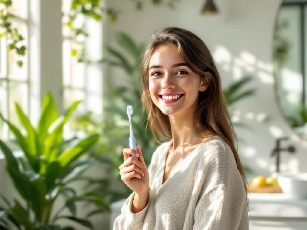 Jonge persoon met tandenborstel lacht zelfverzekerd in lichte badkamer met planten en natuurlijk licht