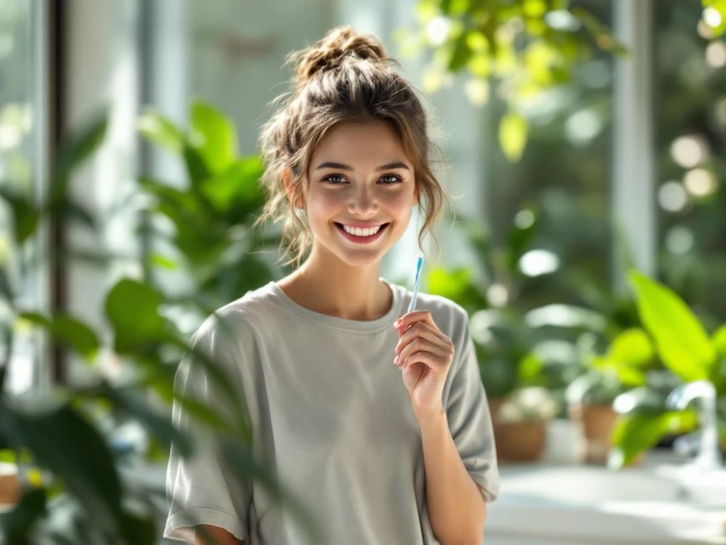 Jonge persoon met tandenborstel lacht in moderne badkamer met natuurlijk licht en groene planten