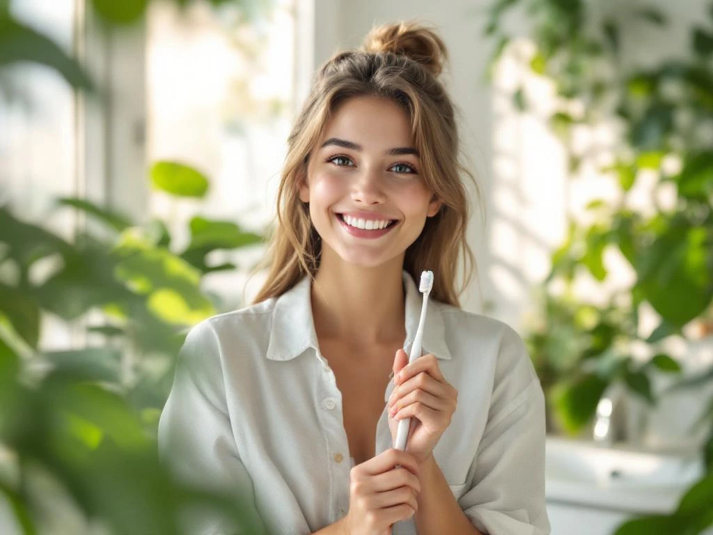 Jongere met tandenborstel glimlacht in moderne badkamer met planten en natuurlijk licht voor mondhygiëne
