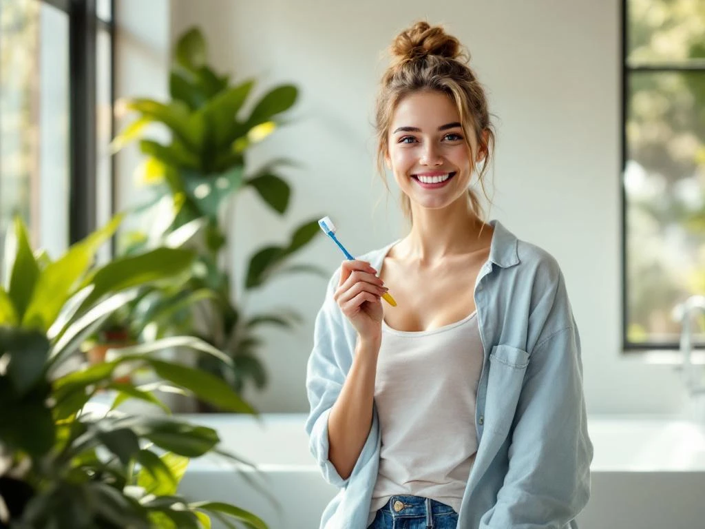 Jonge persoon met tandenborstel glimlacht in moderne badkamer met natuurlijk licht en groene planten