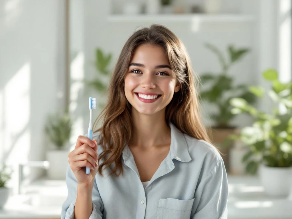 Jonge persoon met tandenborstel glimlacht in moderne badkamer met natuurlijk licht en groene planten