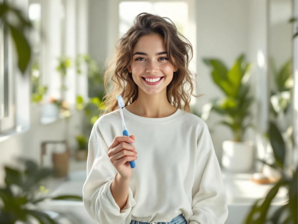 Jonge persoon met tandenborstel glimlacht in moderne badkamer met natuurlijk licht en groene planten