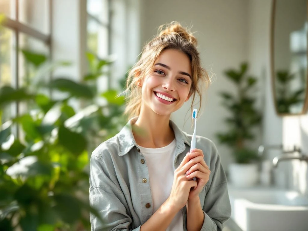 Jonge persoon met tandenborstel lacht zelfverzekerd in moderne badkamer met natuurlijk licht en groene planten