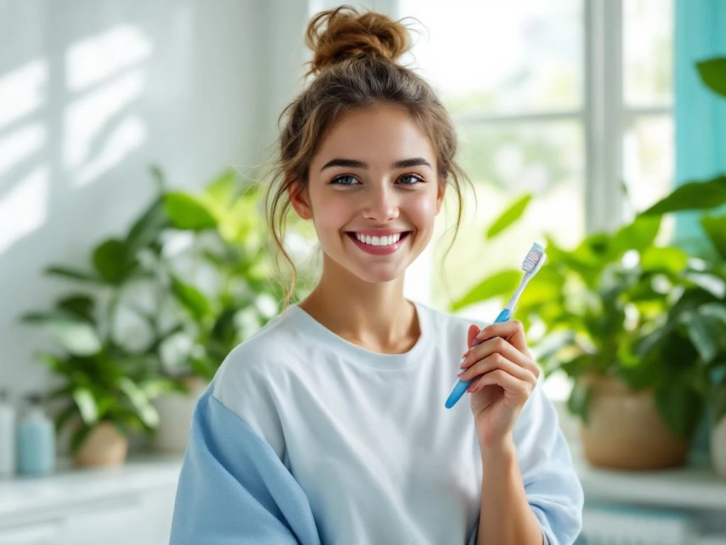 Jongere met tandenborstel lacht zelfverzekerd in moderne badkamer met planten en natuurlijk licht