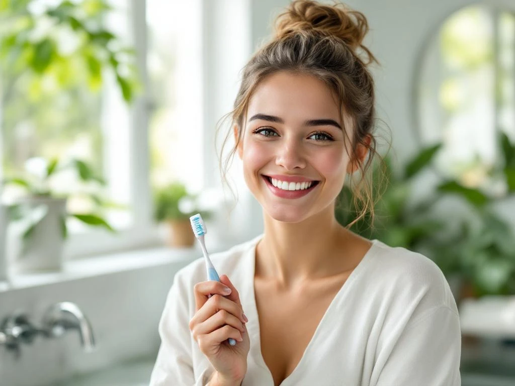 Jonge persoon met tandenborstel lacht zelfverzekerd in moderne, lichte badkamer met planten en witte tegels
