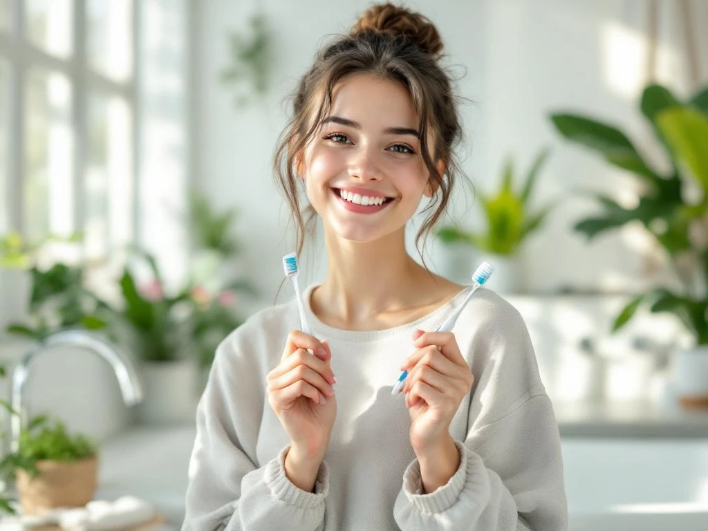Jongere met tandenborstel glimlacht in moderne badkamer met natuurlijk licht en groene planten