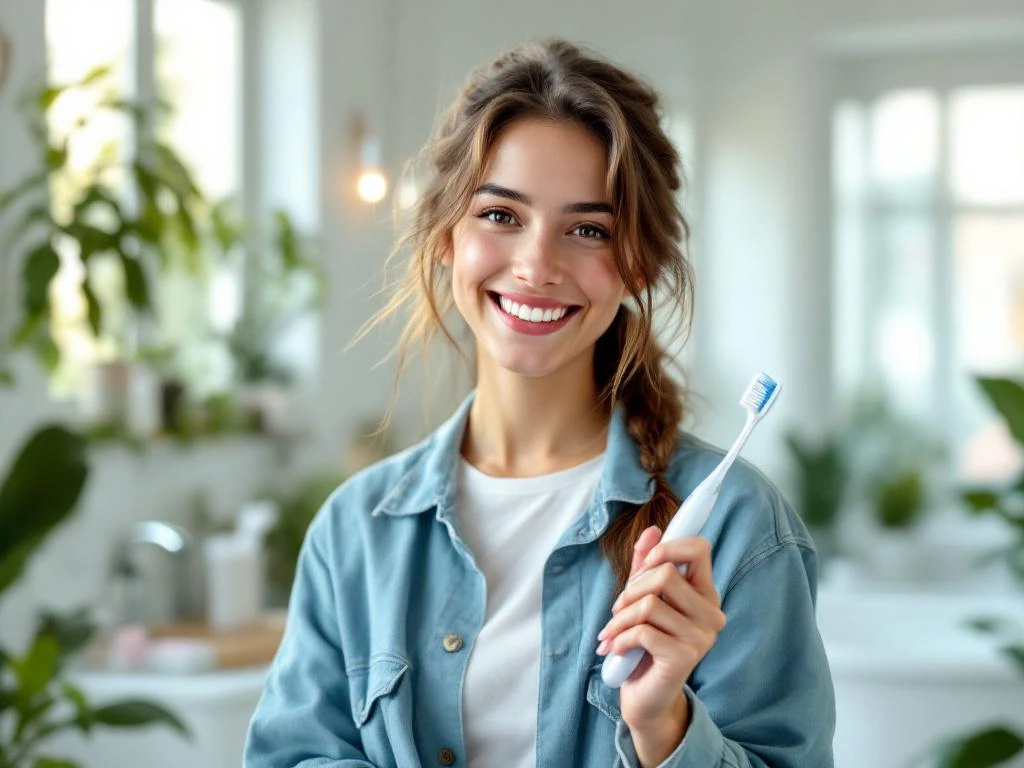 Jonge persoon met tandenborstel glimlacht in moderne badkamer met natuurlijk licht en groene planten