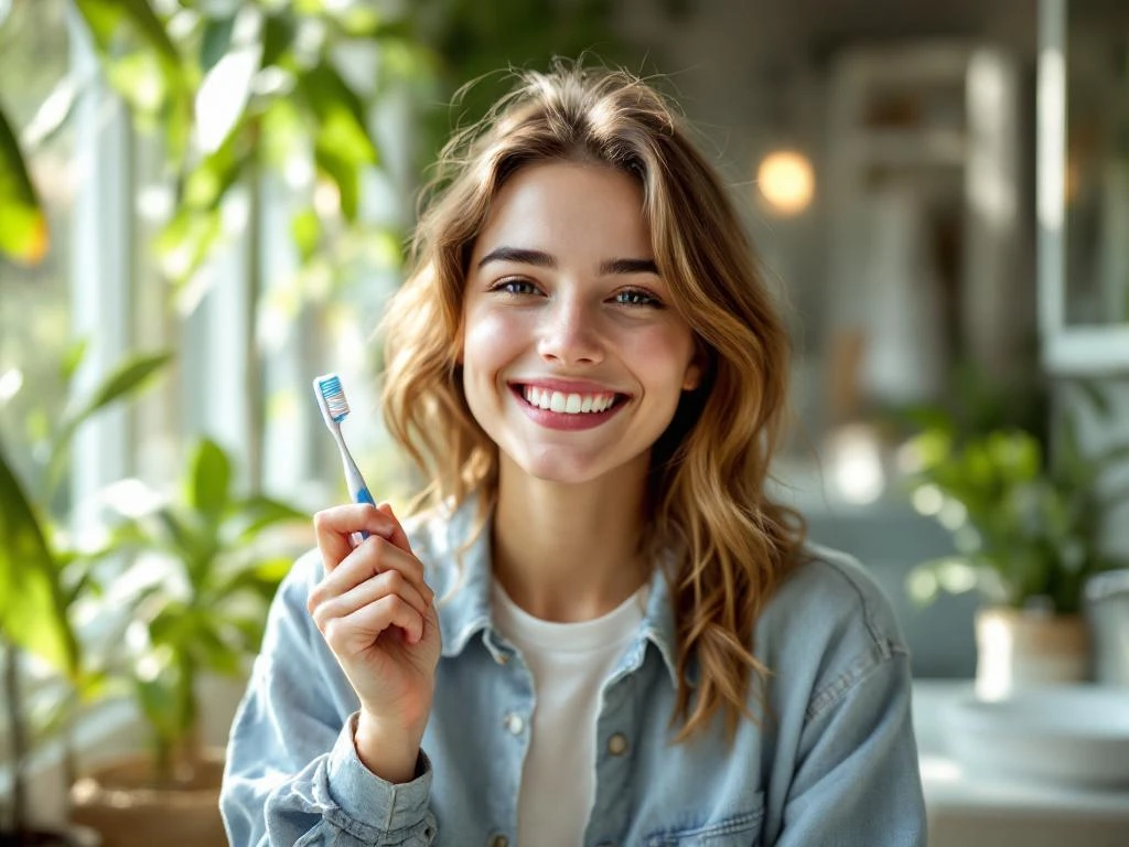 Jonge persoon houdt tandenborstel in moderne badkamer met natuurlijk licht en groene planten voor mondverzorging