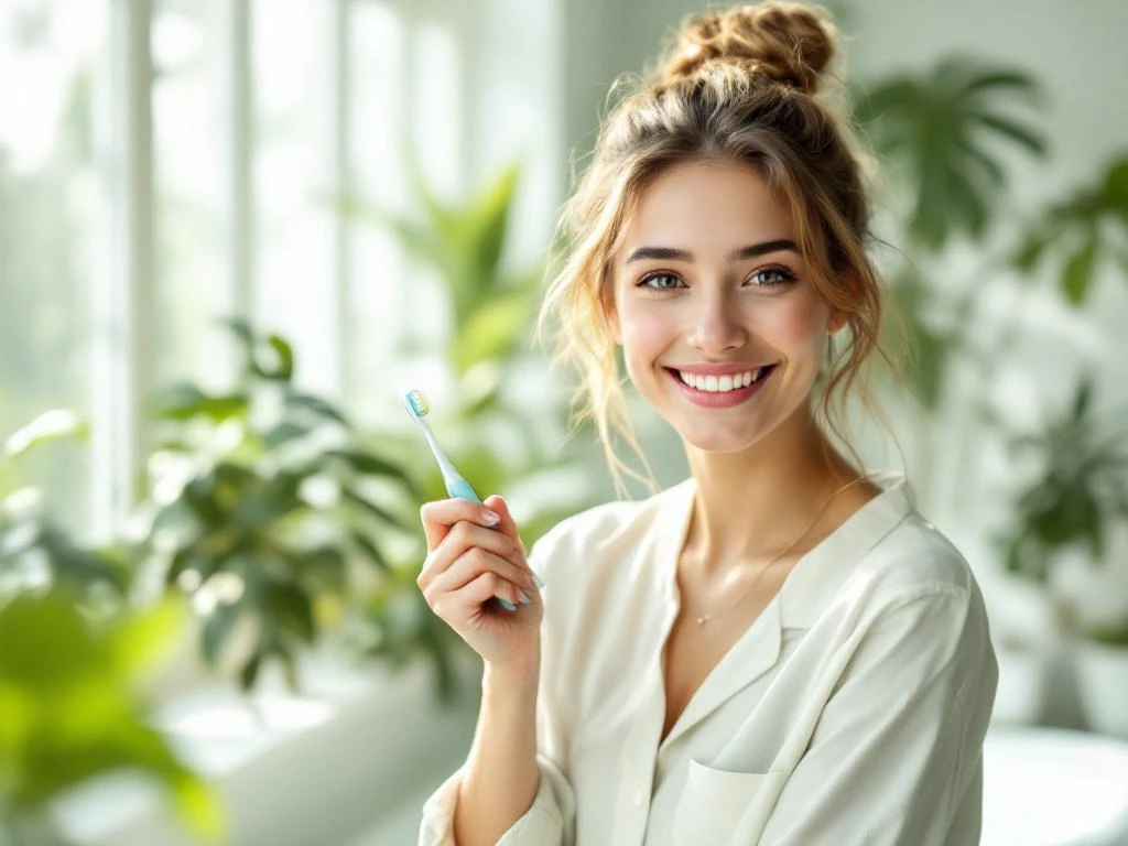 Jonge persoon met tandenborstel lacht zelfverzekerd in lichte badkamer met planten en natuurlijk licht