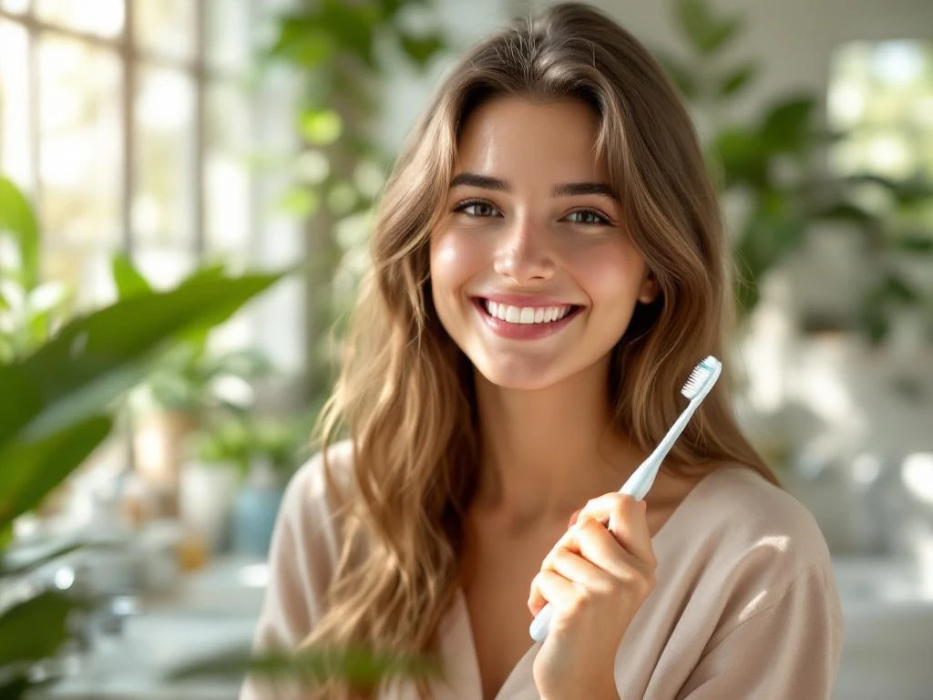Jonge persoon met zelfverzekerde glimlach houdt tandenborstel vast in lichte badkamer met planten en natuurlijk licht