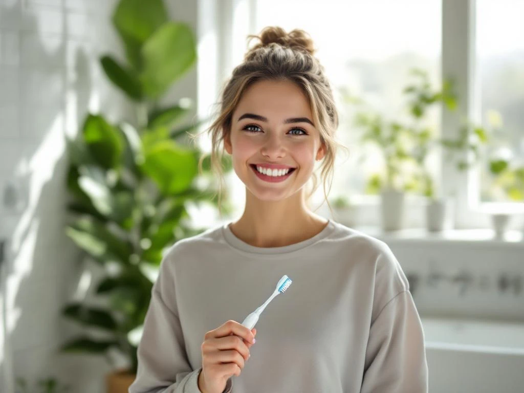 Jonge persoon met zelfverzekerde glimlach houdt tandenborstel vast in moderne badkamer met planten en natuurlijk licht