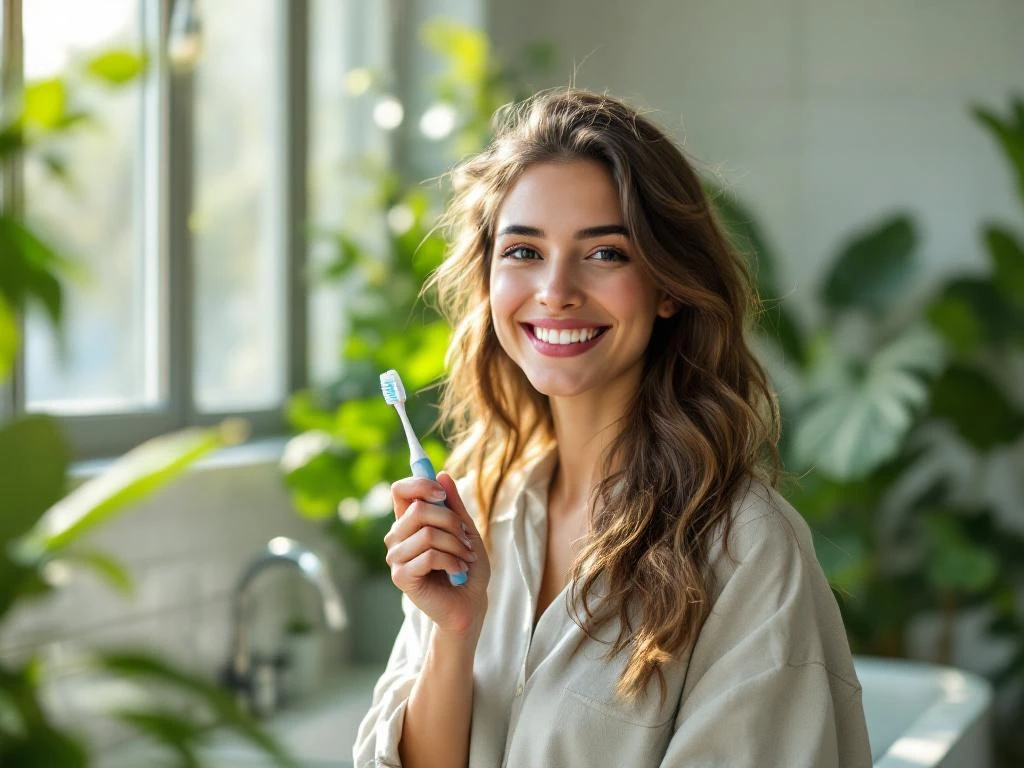 Jonge vrouw met tandenborstel lacht in moderne badkamer met natuurlijk licht en groene planten