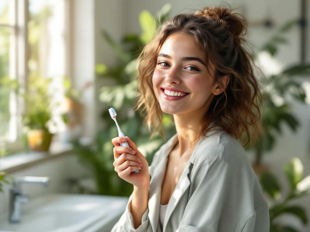 Jonge persoon met tandenborstel lacht vol vertrouwen in moderne badkamer met natuurlijk licht en groene planten