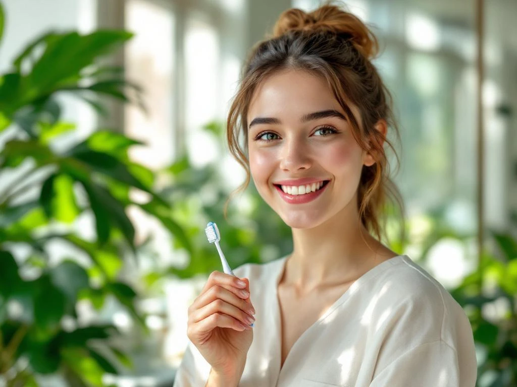Jonge persoon met tandenborstel lacht zelfverzekerd in moderne badkamer met natuurlijk licht en groene planten