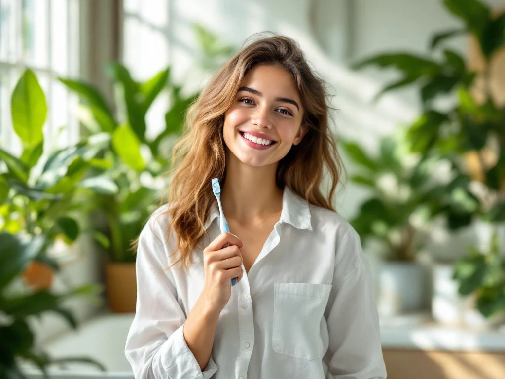 Jongere met tandenborstel lacht in moderne badkamer met planten en natuurlijk licht, mondhygiëne en zelfzorg