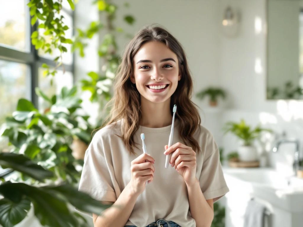 Jonge persoon met tandenborstel glimlacht zelfverzekerd in moderne badkamer met natuurlijk licht en planten