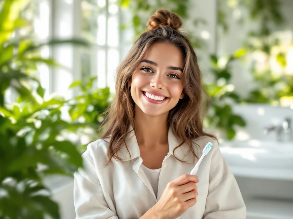 Jonge persoon met tandenborstel lacht zelfverzekerd in moderne badkamer met natuurlijk licht en groene planten